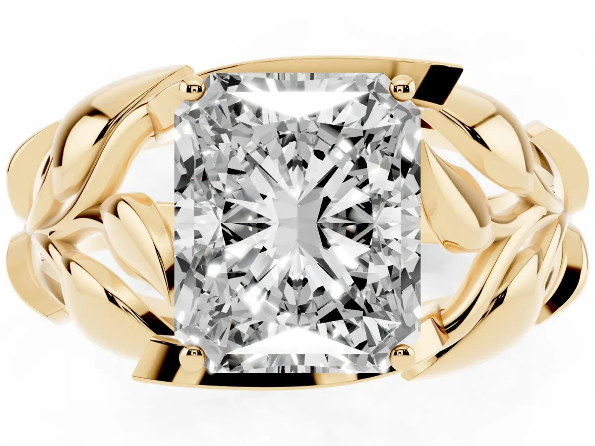 Radiant Cut Diamond Leaf-Inspired Engagement Ring with Round Accents and Prong Setting Yellow gold