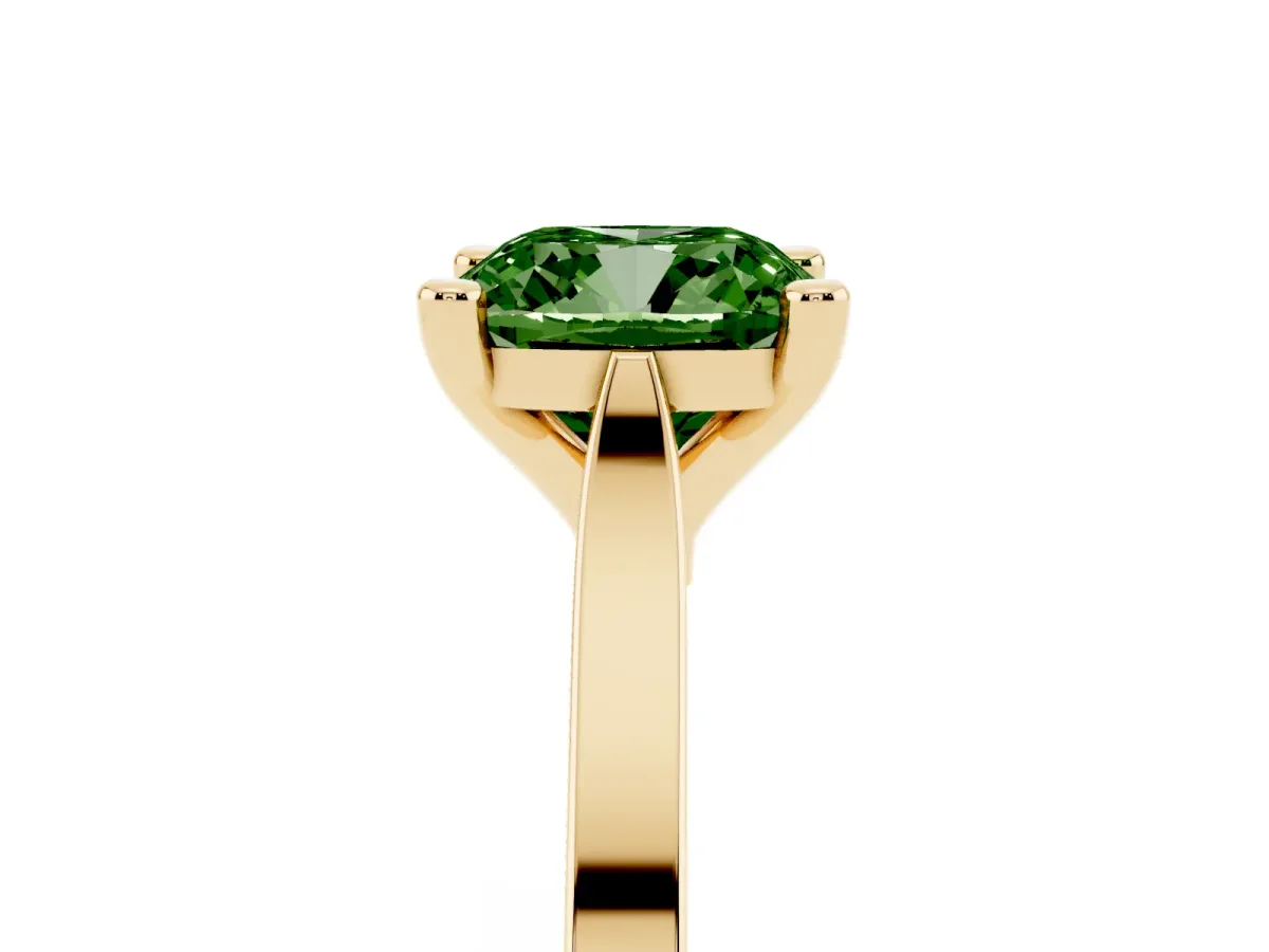 Fancy Green Cushion Cut Solitaire Diamond Ring with Four-Prong Setting and Tapered Band Yellow gold