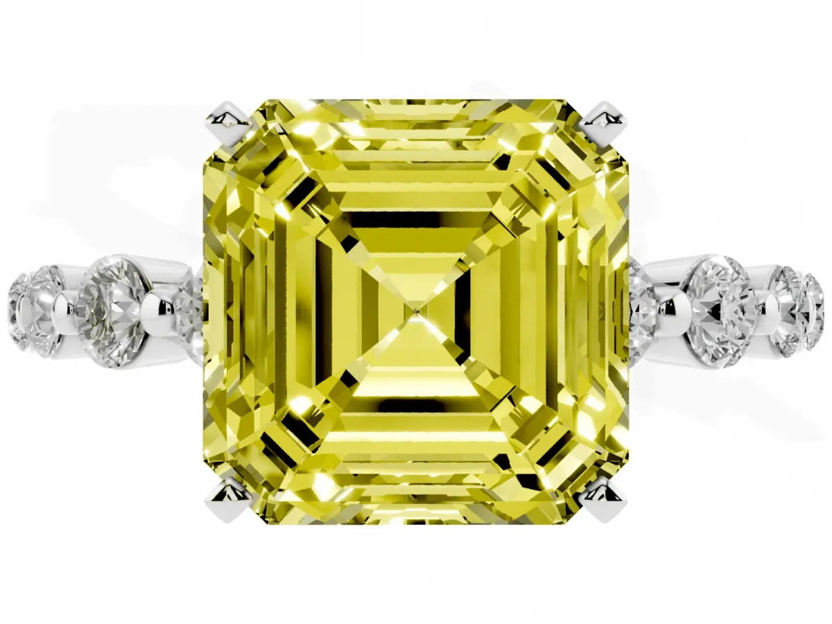 Fancy Yellow Asscher Cut Solitaire Diamond Ring with Pave Band and Four-Prong Setting Silver