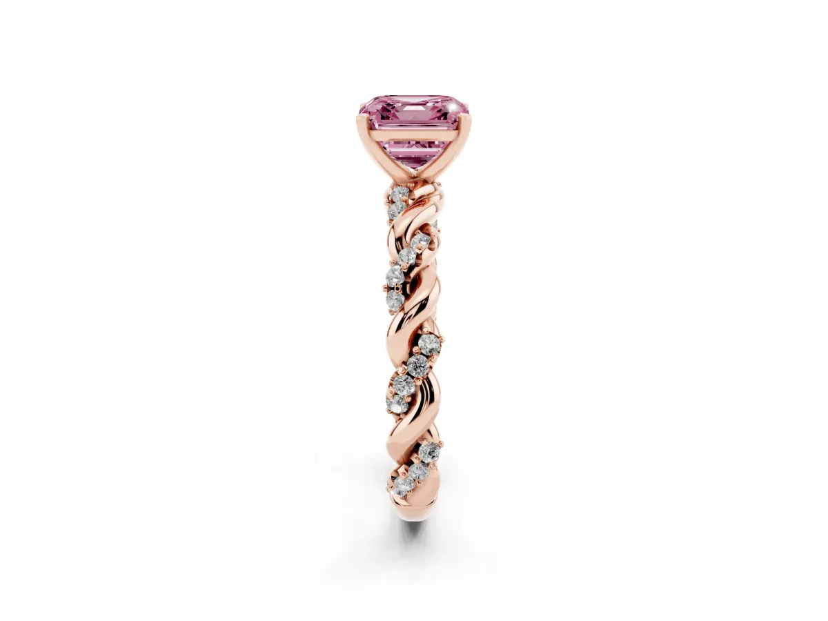 Fancy Pink Asscher Cut Diamond Solitaire Ring with Twisted Band and Pavé Accents Rose gold