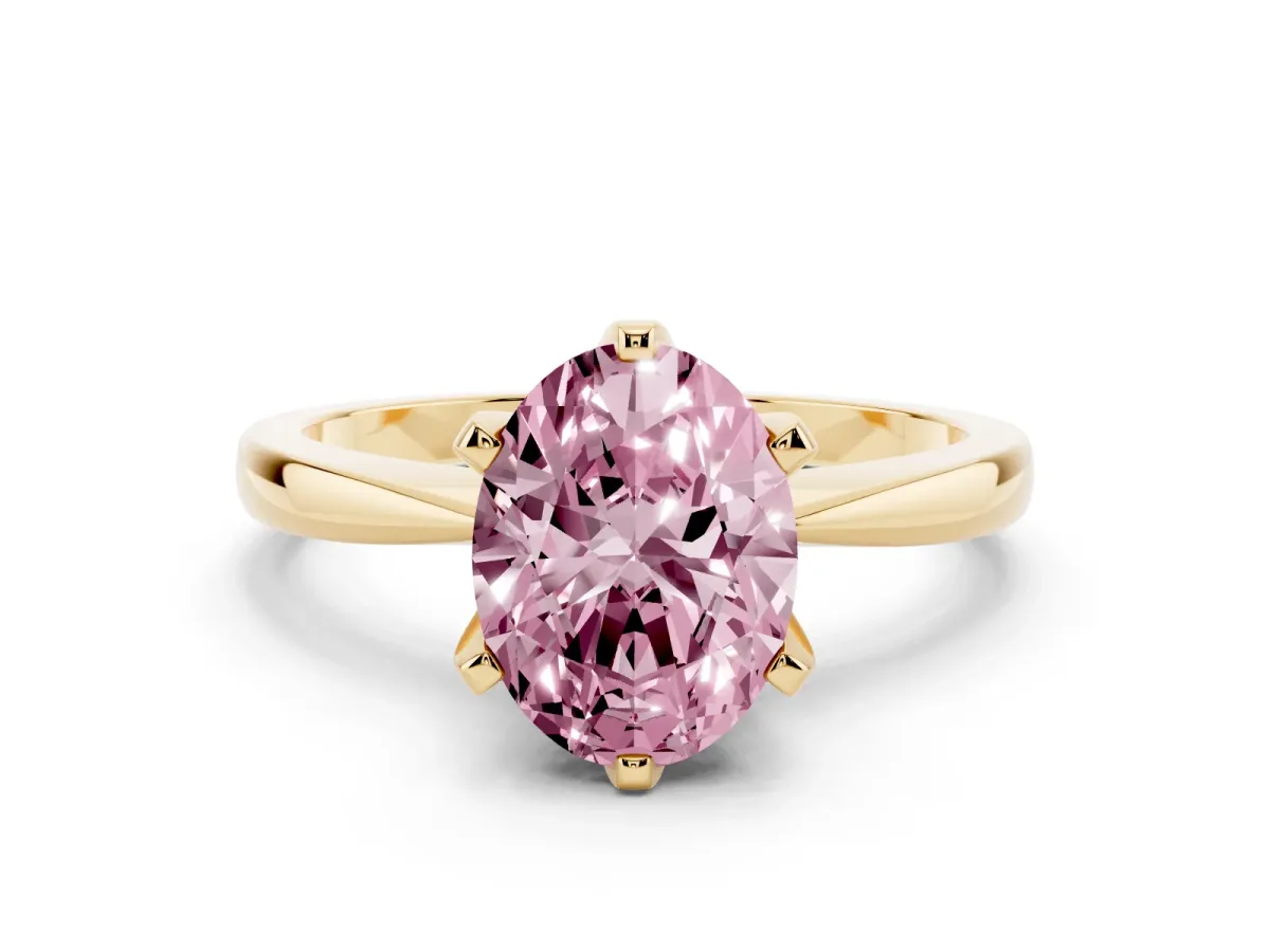 Fancy Pink Oval Cut Solitaire Engagement Ring with Six-Prong Setting and Tapered Band Yellow gold