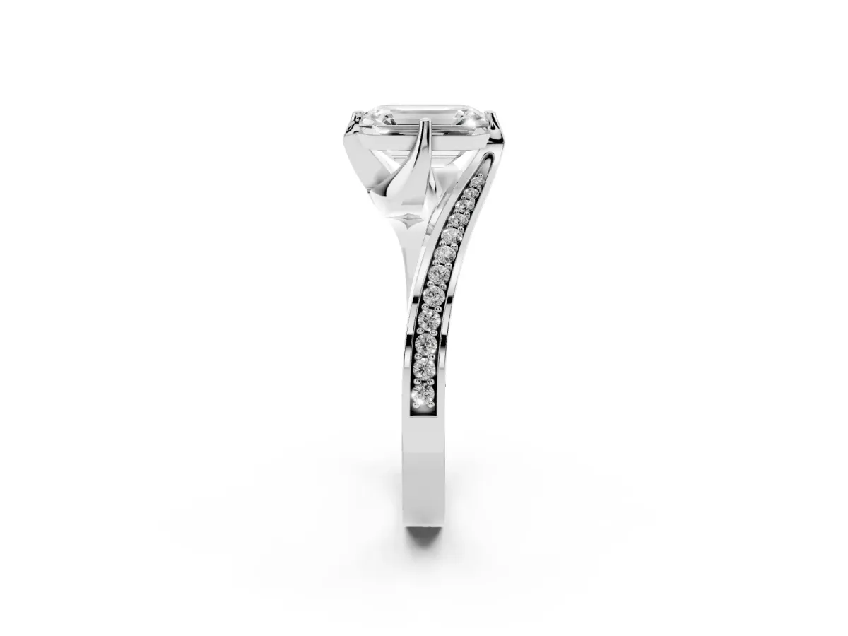 Emerald Cut Solitaire Diamond Twist Band with Pavé Setting and Four-Prong Setting Silver