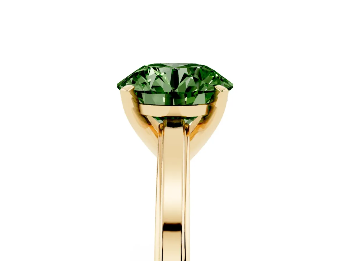Fancy Green Round Cut Solitaire Diamond Ring with Four-Prong Setting and Classic Band Yellow gold