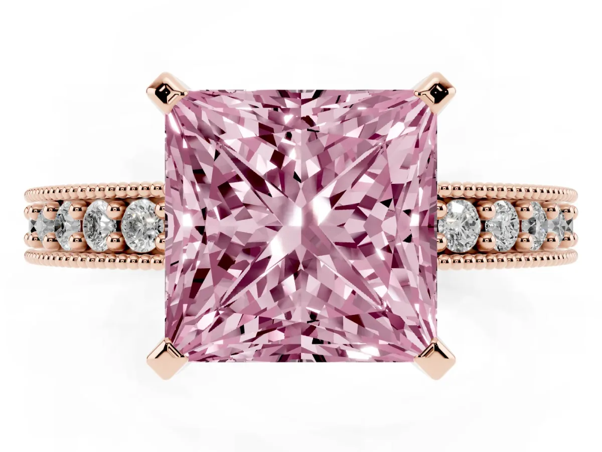 Fancy Pink Princess Cut Diamond Milgrain Pavé Engagement Ring with Four-Prong Setting Rose gold