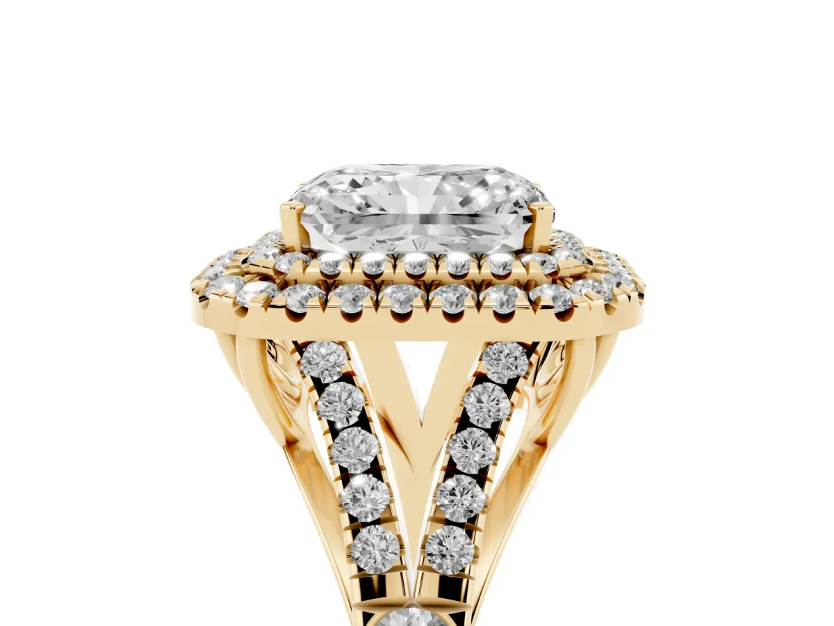 Radiant Cut Cut Double Halo Split Shank Diamond Ring with Prong Setting Yellow gold