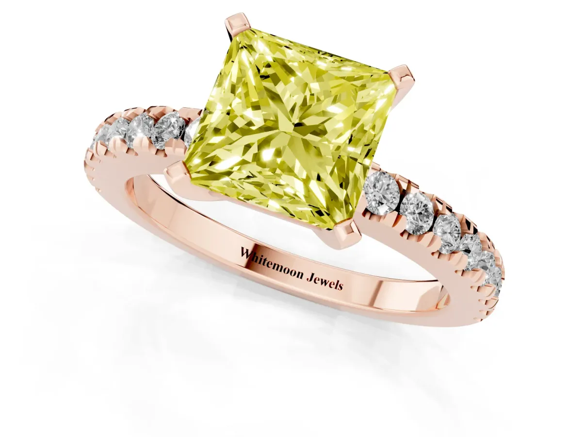 Fancy Yellow Princess Cut Solitaire Diamond with Pavé Band and Four-Prong Setting Rose gold