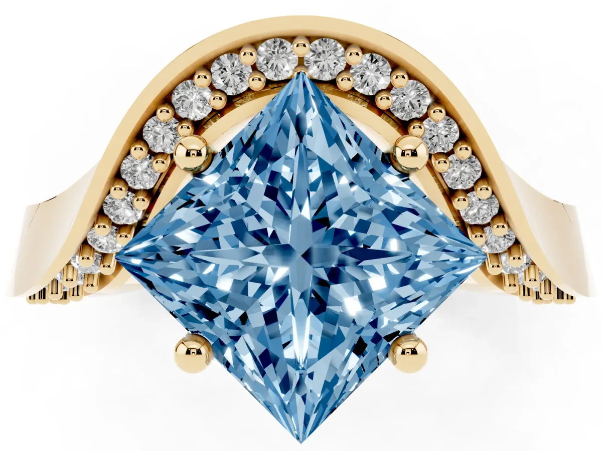Fancy Blue Princess Cut Solitaire Diamond Engagement Ring with Pave Band and Four-Prong Setting Yellow gold