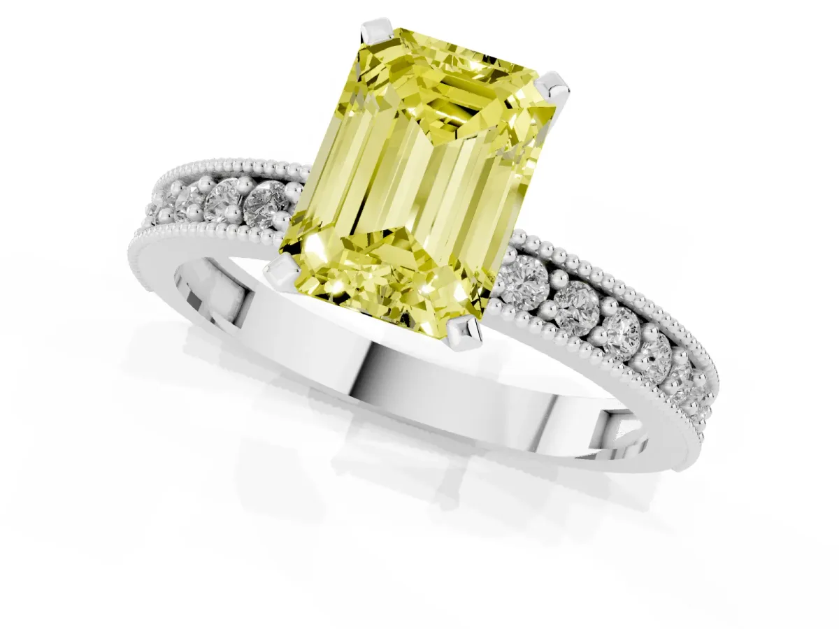 Fancy Yellow Emerald Cut Diamond Milgrain Pavé Engagement Ring with Four-Prong Setting Silver