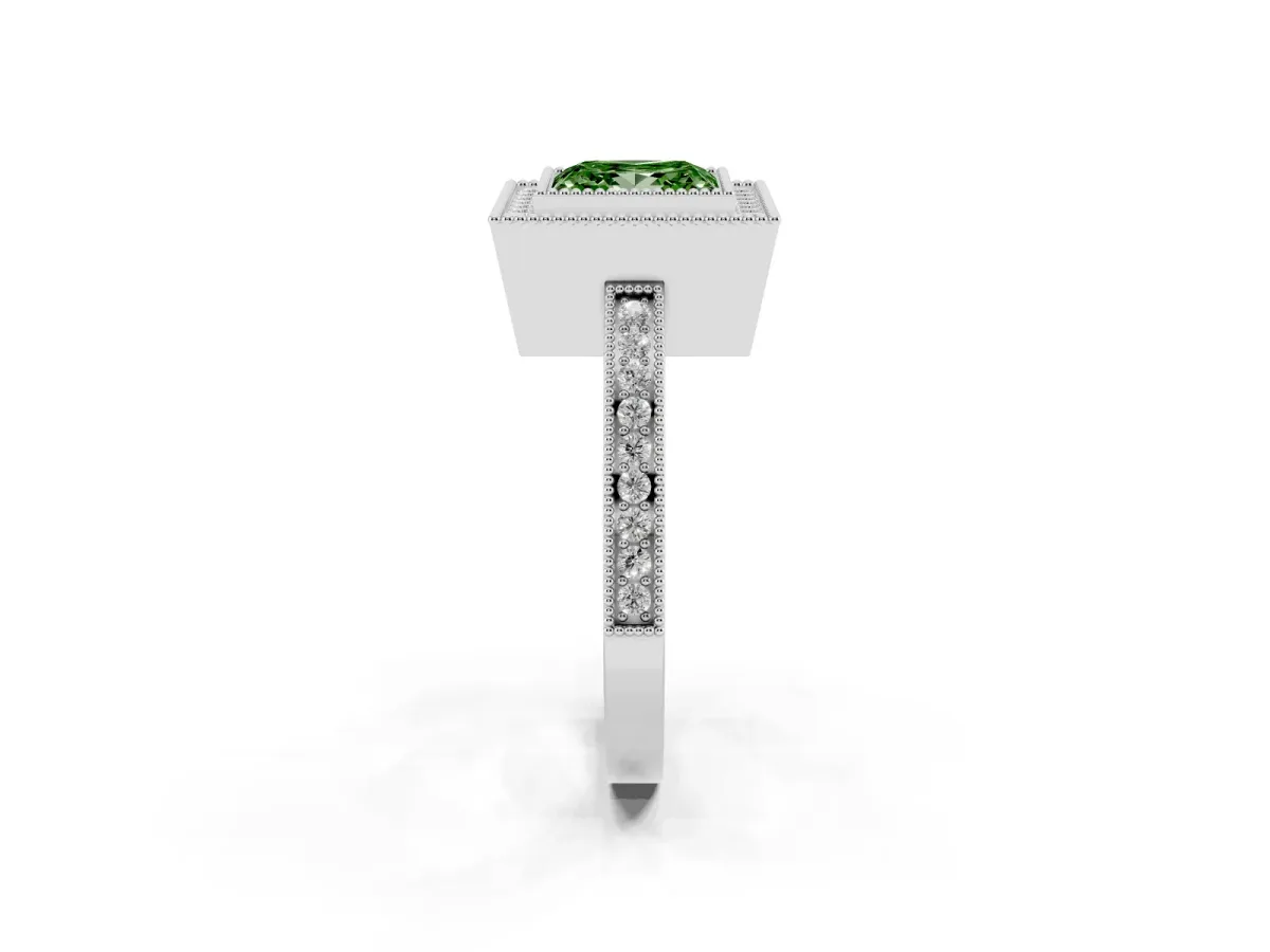 Fancy Green Princess Cut Cut Halo Diamond Ring with Pavé Band and Milgrain Prong Setting Platinum