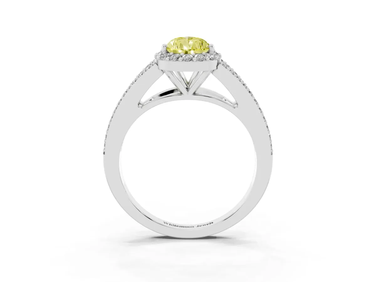 Fancy Yellow Pear Cut Halo Split Shank Diamond Ring with Prong Setting Silver