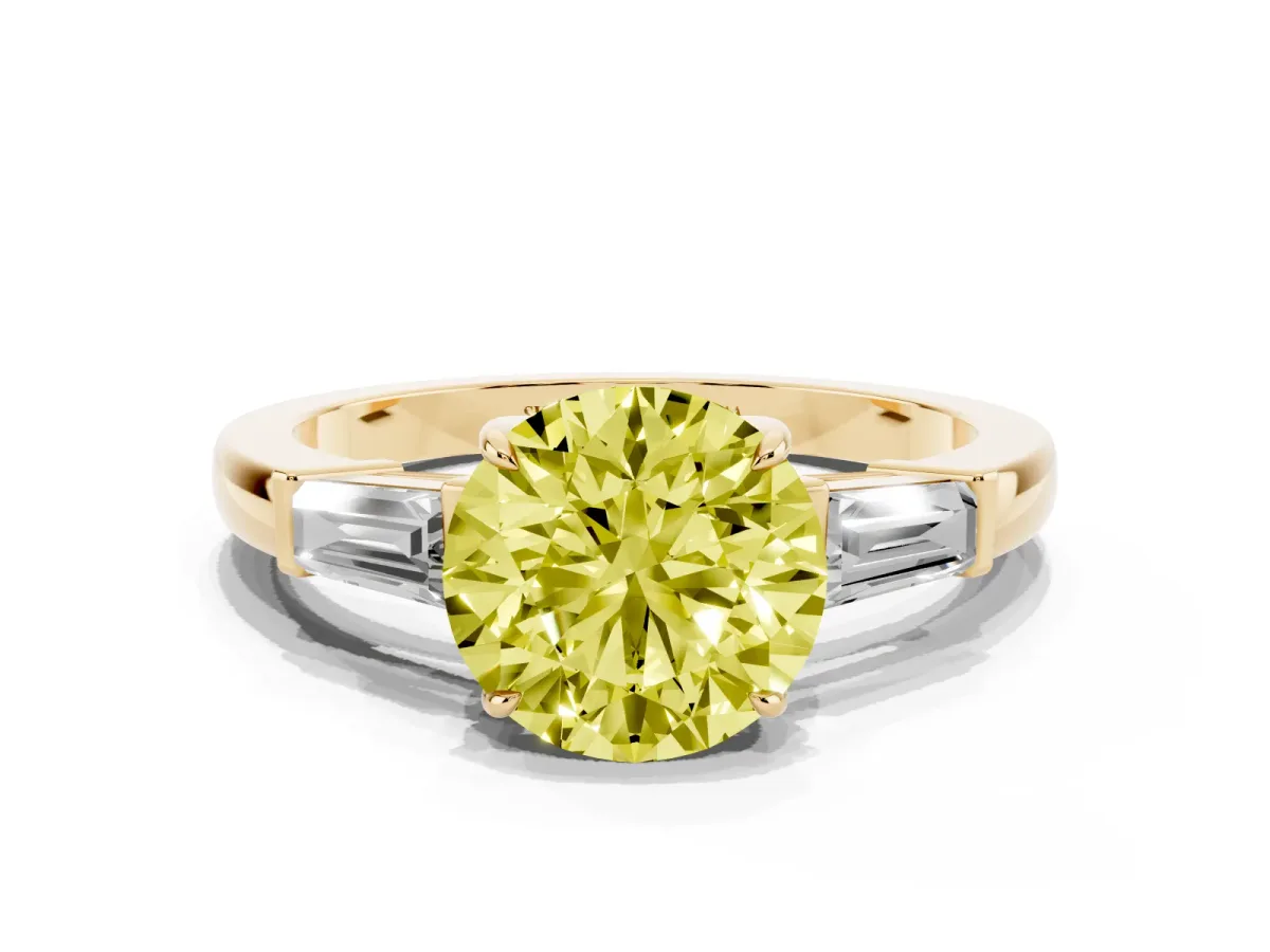 Fancy Yellow Round Cut Diamond Three-Stone Ring with Tapered Baguette Side Stones and Prong Setting Yellow gold