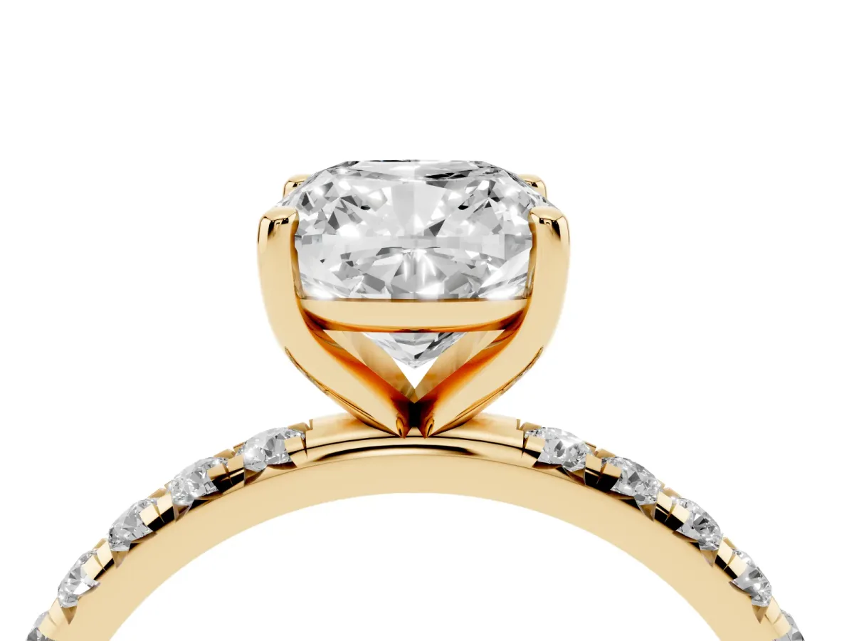 Cushion Cut Cut Diamond Solitaire Ring with Micro Pave Band and Four Prong Setting Yellow gold
