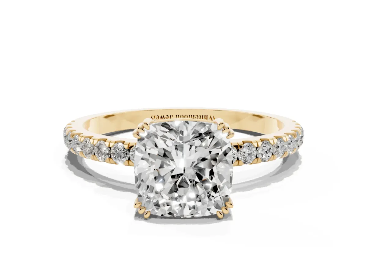 Cushion Cut Brilliant Solitaire with Pavé Band and Claw Prong Setting Yellow gold