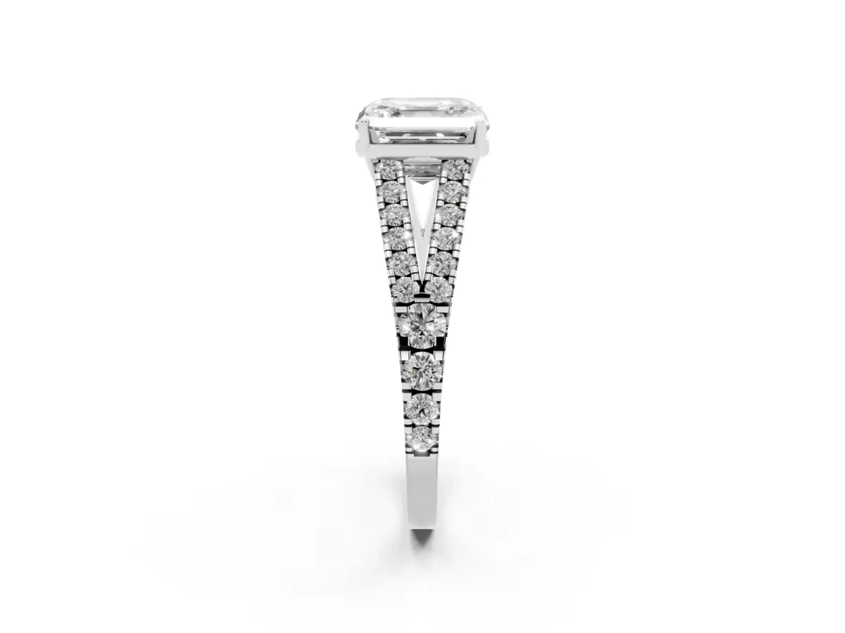 Asscher Cut Diamond Split Shank Pavé Engagement Ring with Four-Prong Setting Silver