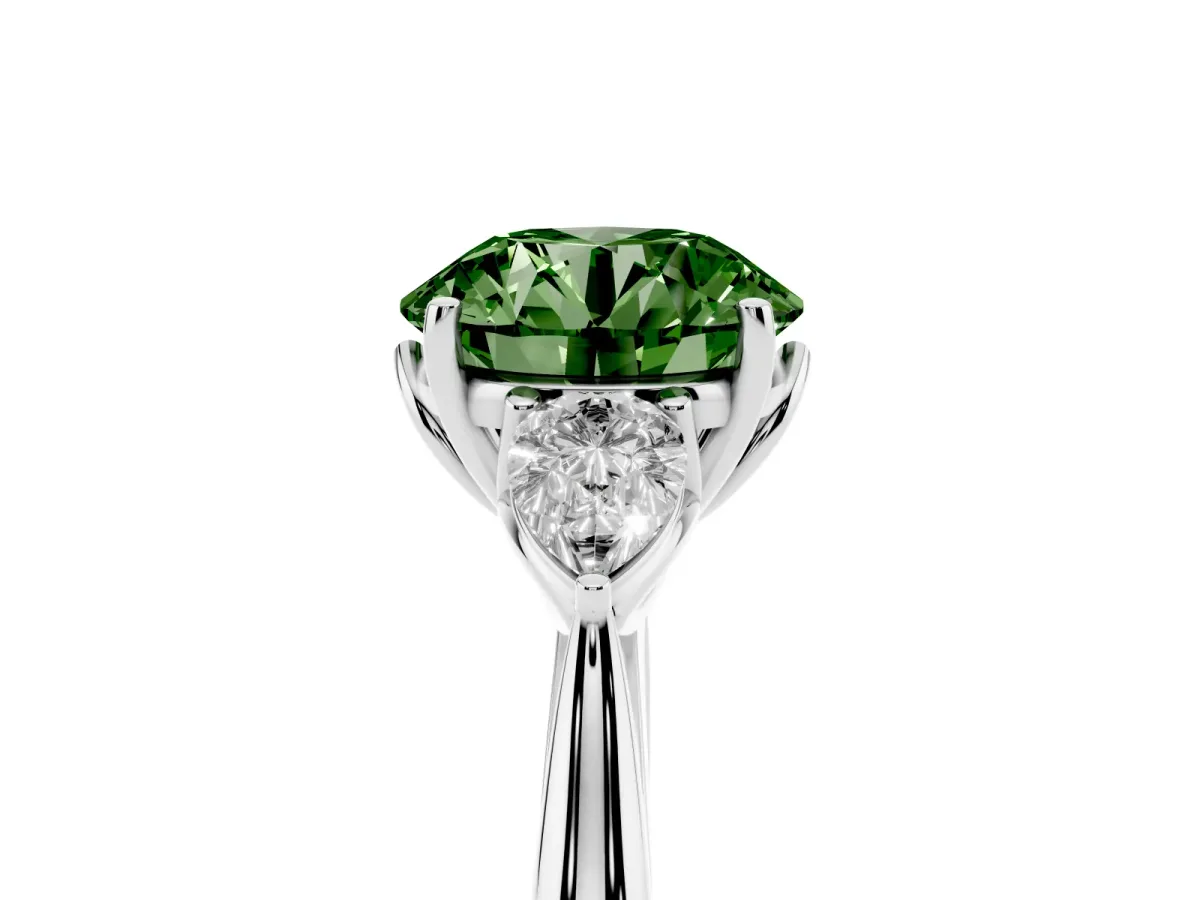 Fancy Green Three-Stone Round Cut Diamond Ring with Pear Side Stones in Four-Prong Setting Platinum