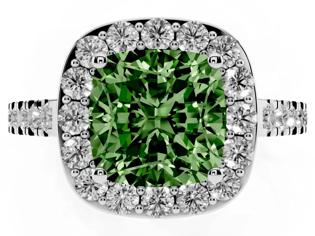 Fancy Green Cushion Cut Diamond Halo Ring with Round Pavé Split Shank and Prong Setting Silver