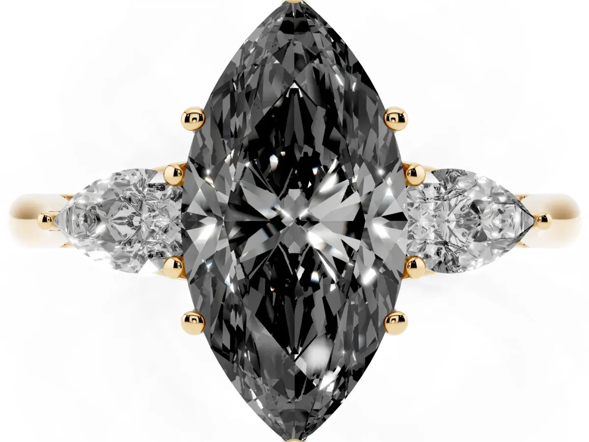 Fancy Black Three-Stone Marquise Cut Brilliant Diamond Solitaire Ring with Tapered Band and Four-Prong Setting Yellow gold