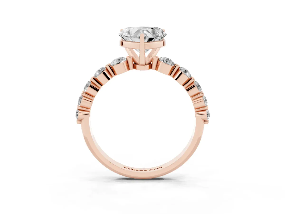 Heart Cut Solitaire Diamond Ring with Pave Band and Four-Prong Setting Rose gold