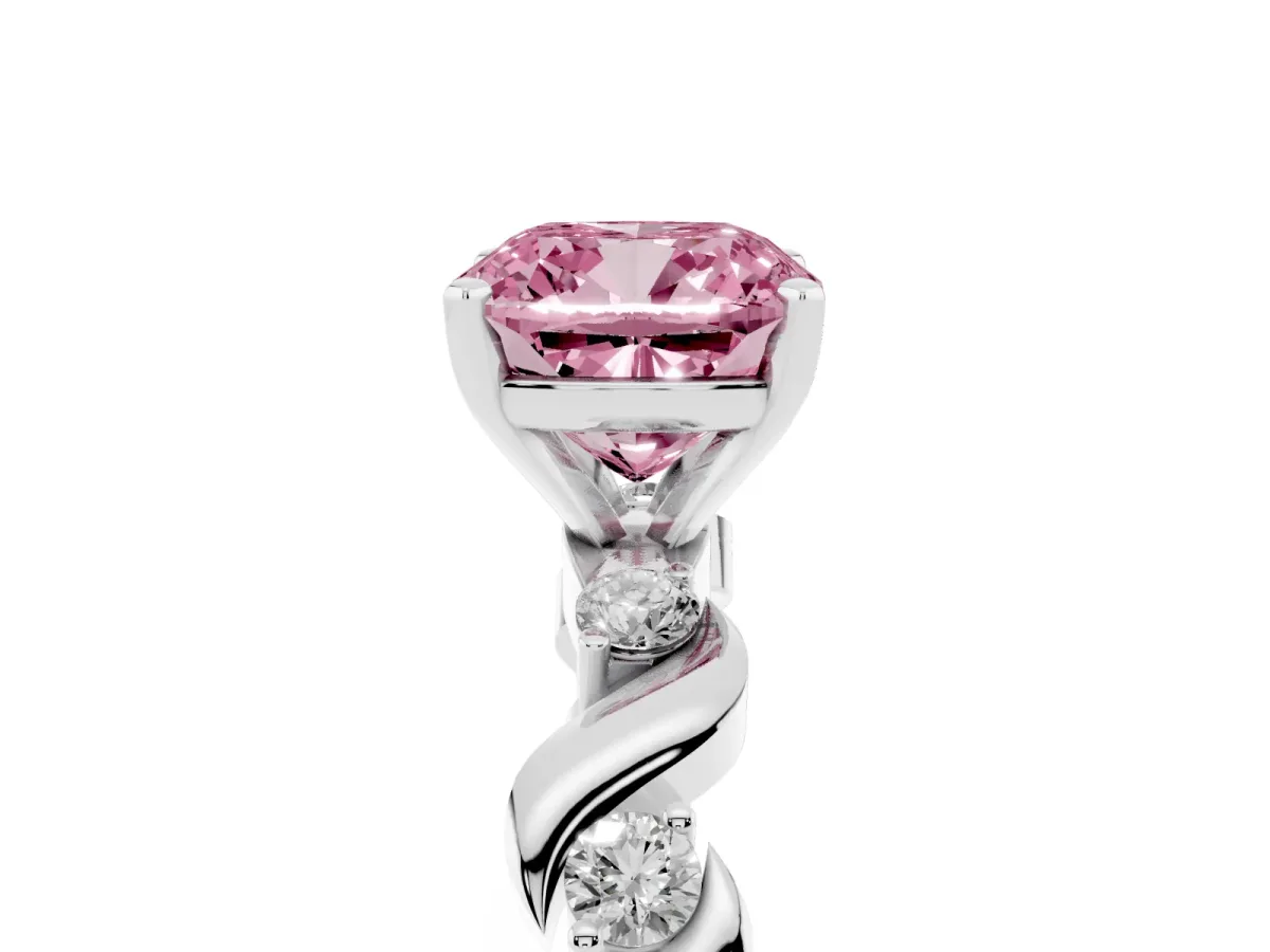 Fancy Pink Cushion Cut Diamond Solitaire Twisted Band with Round Accents and Prong Setting Silver