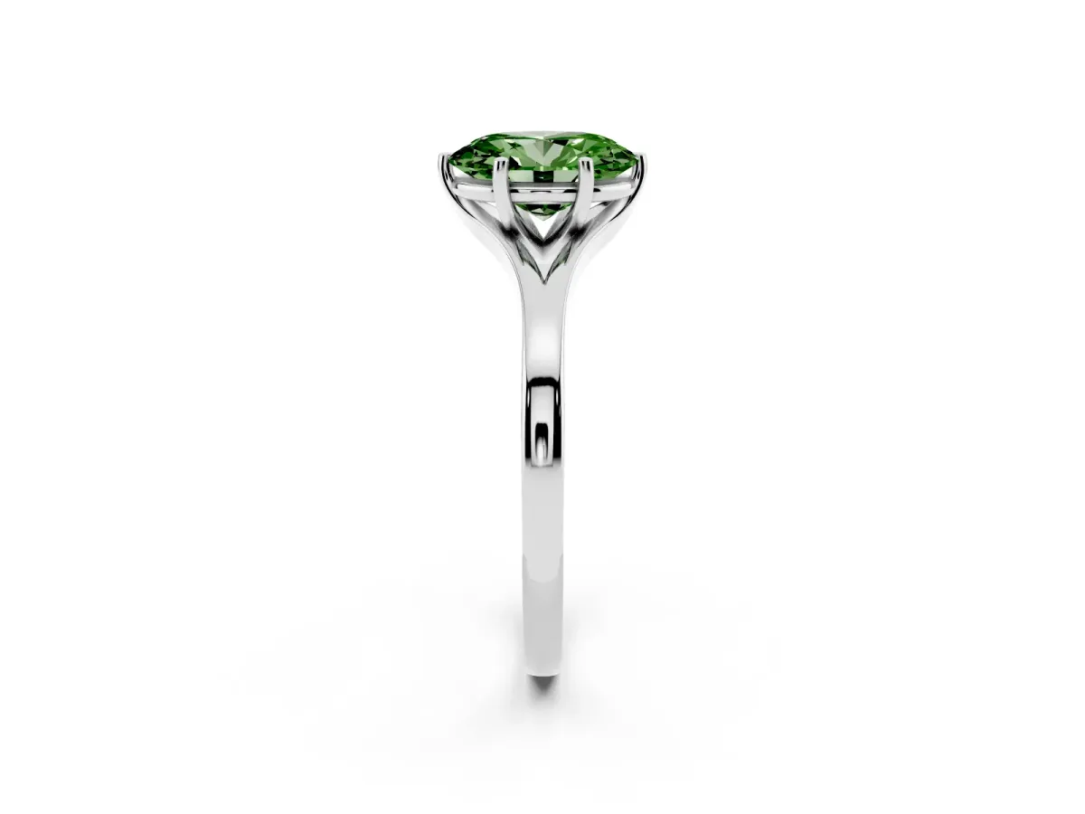 Fancy Green Oval Cut Solitaire Diamond Ring with Six-Prong Setting and Tapered Band Silver