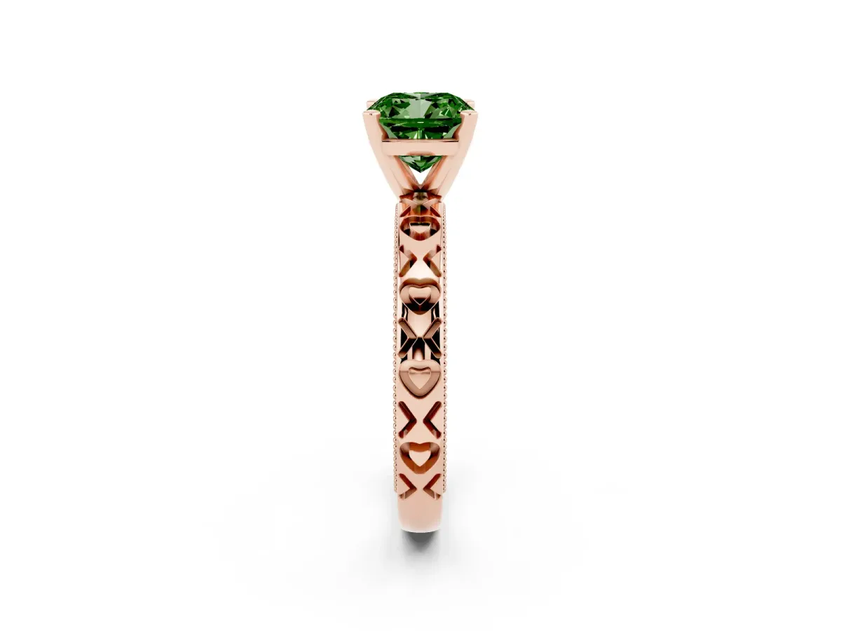 Fancy Green Cushion Cut Solitaire Diamond Engagement Ring with XO Engraved Band and Four-Prong Setting Rose gold