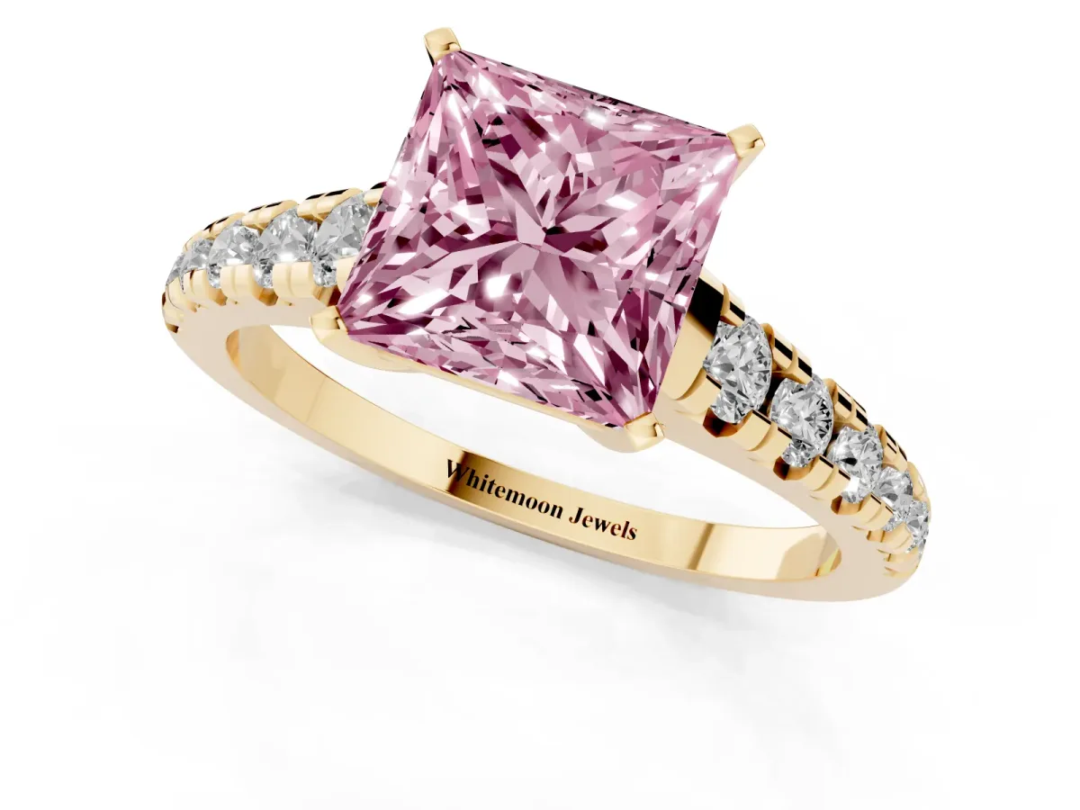 Fancy Pink Princess Cut Diamond Cathedral Solitaire Ring with Round Pavé Band Yellow gold