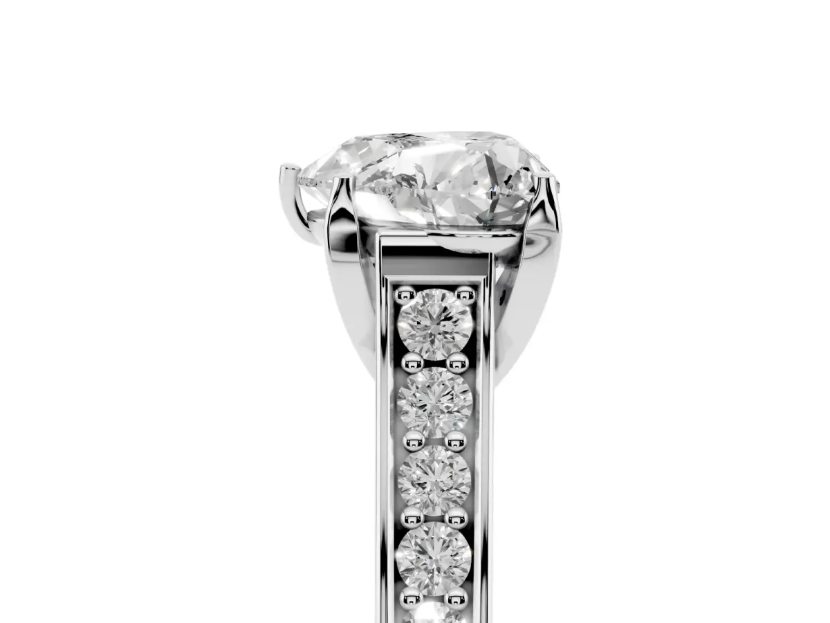 Heart Cut Brilliant Cut Diamond Engagement Ring with Pavé Band and Four-Prong Setting Silver