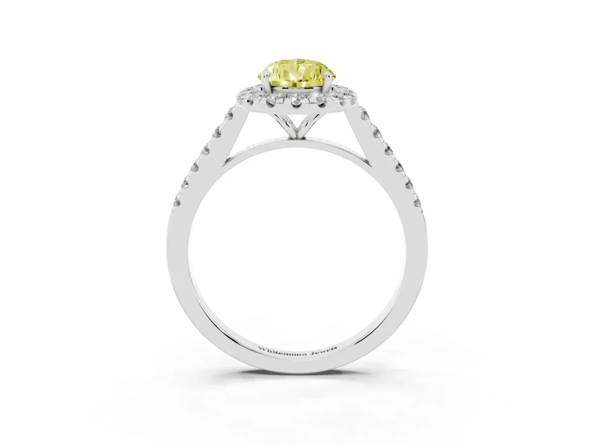Fancy Yellow Pear Cut Halo Pave Diamond Engagement Ring with Four-Prong Setting Silver