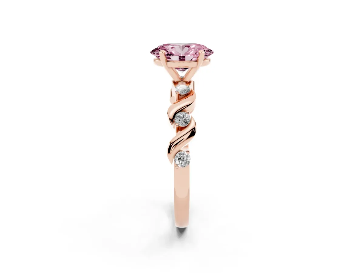 Fancy Pink Oval Cut Diamond Solitaire Twisted Band with Round Accents and Prong Setting Rose gold