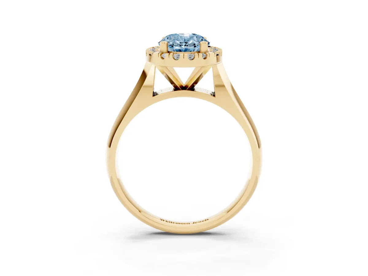 Fancy Blue Oval Cut Cut Halo Solitaire Engagement Ring with Square Band and Four-Prong Setting Yellow gold