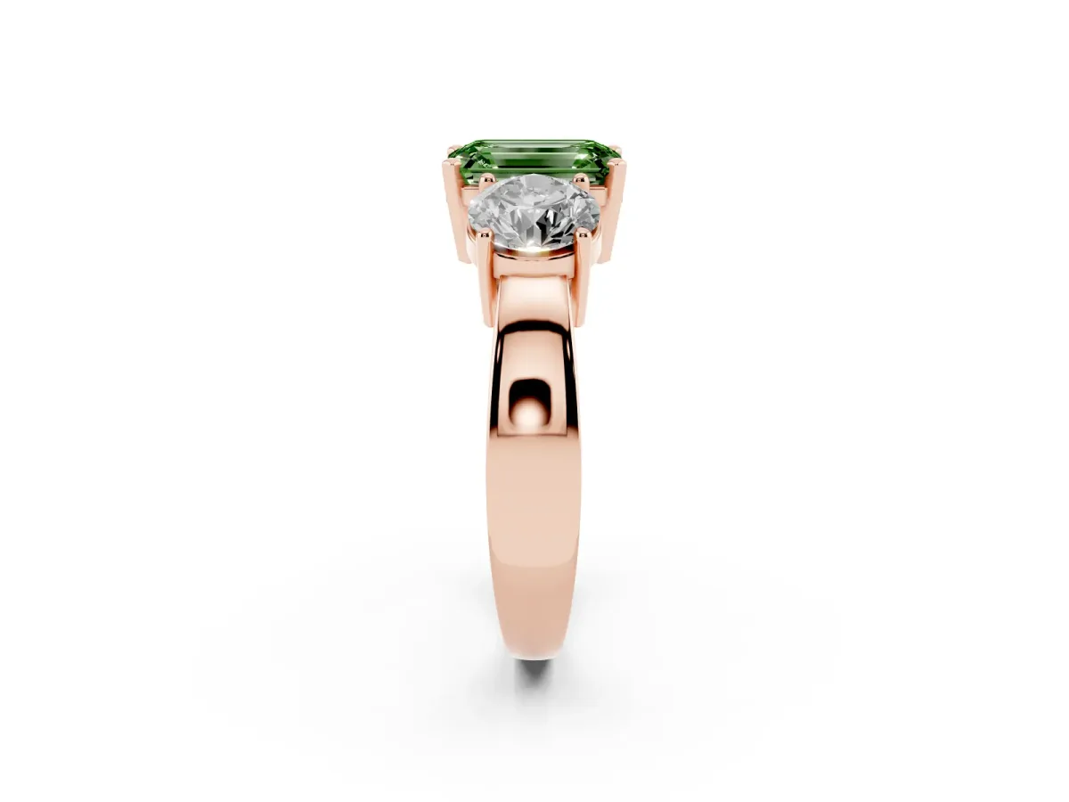 Fancy Green Three-Stone Emerald Cut Diamond Ring with Round Side Stones, Classic Band, and Four-Prong Setting Rose gold