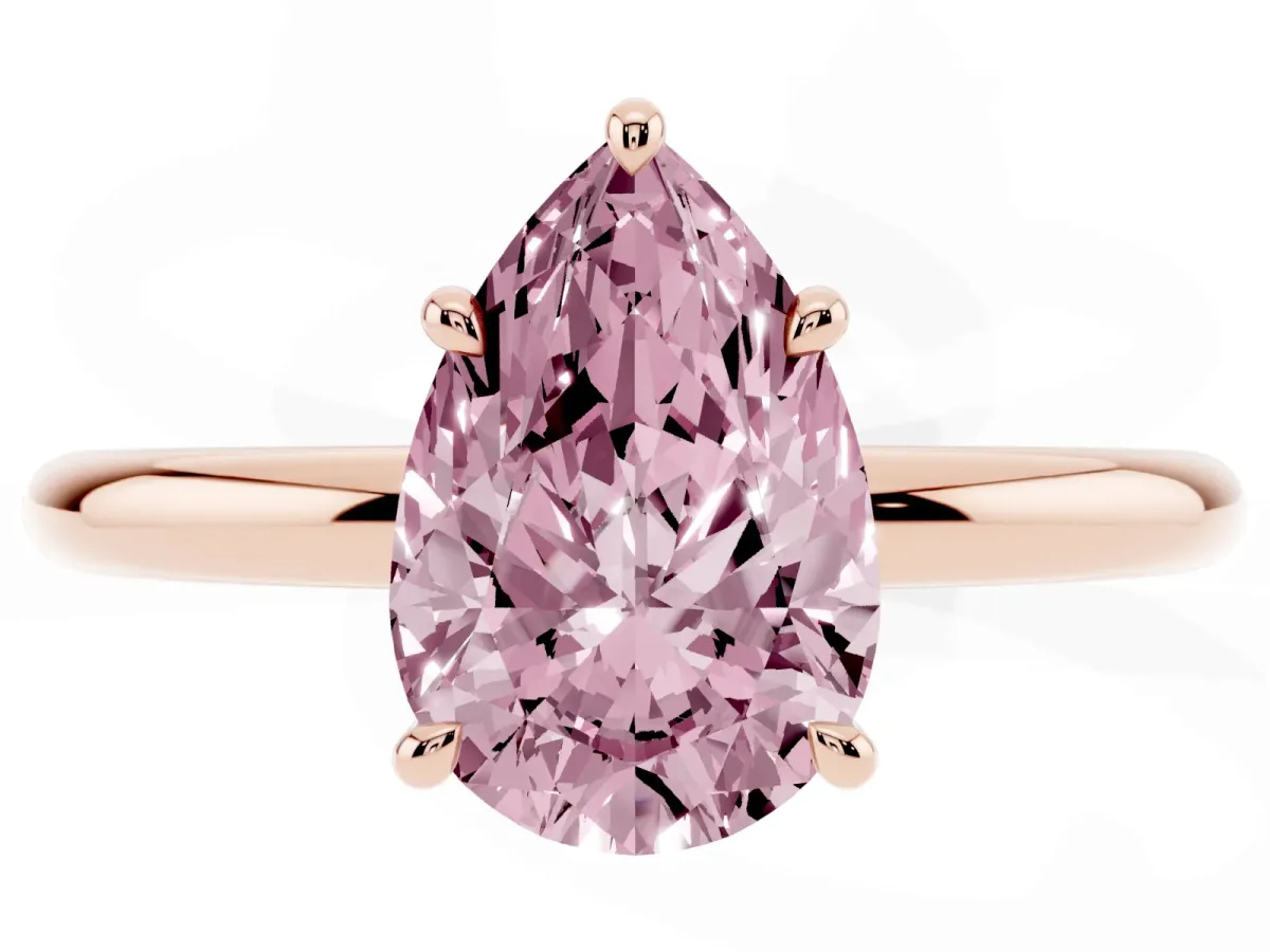 Fancy Pink Pear Cut Diamond Solitaire Ring with Thin Band and Four-Prong Setting Rose gold