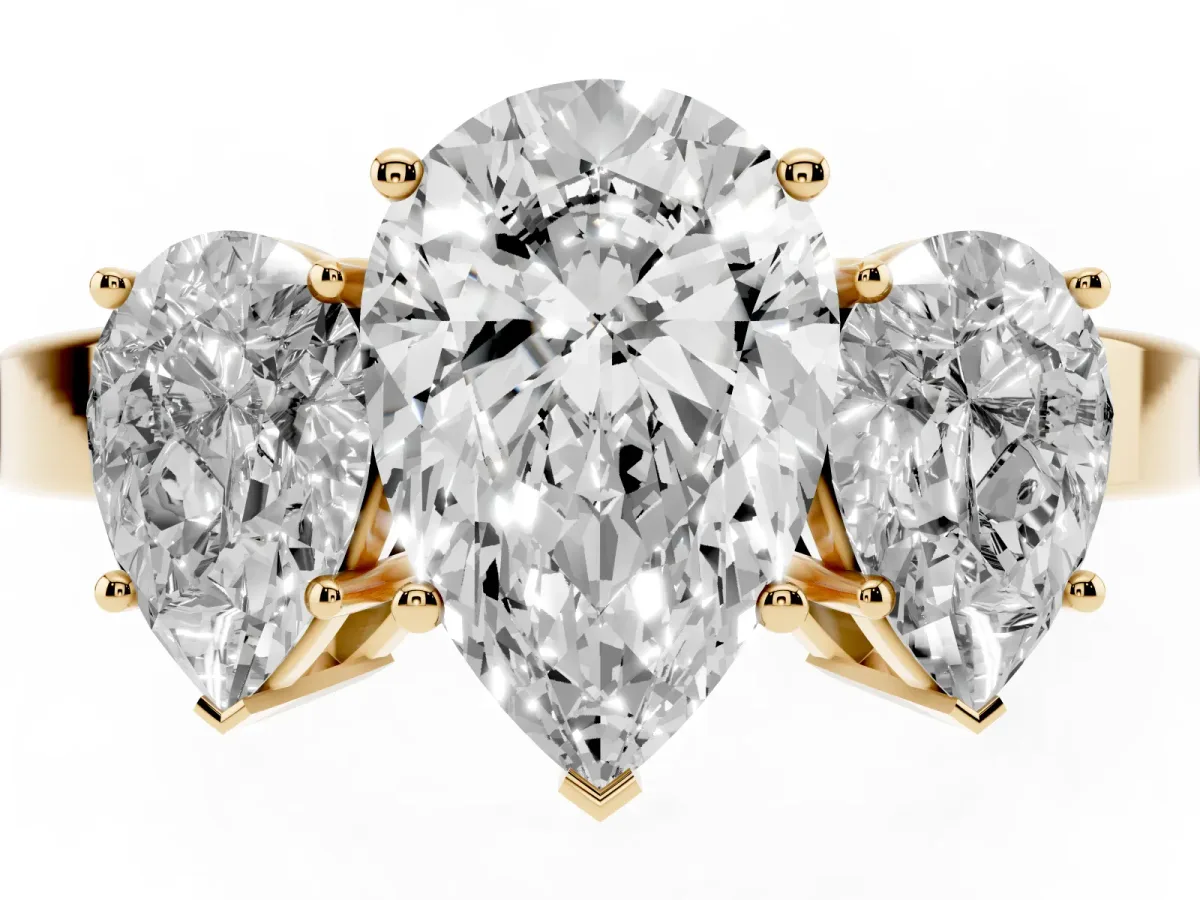 Three-Stone Pear Cut Cut Diamond Engagement Ring with Flat Band and Four-Prong Setting Yellow gold