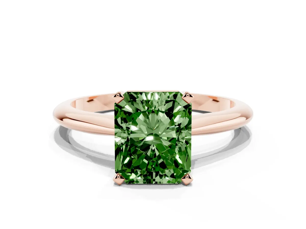 Fancy Green Radiant Cut Cut Solitaire Ring with Four-Prong Setting on a Classic Band Rose gold