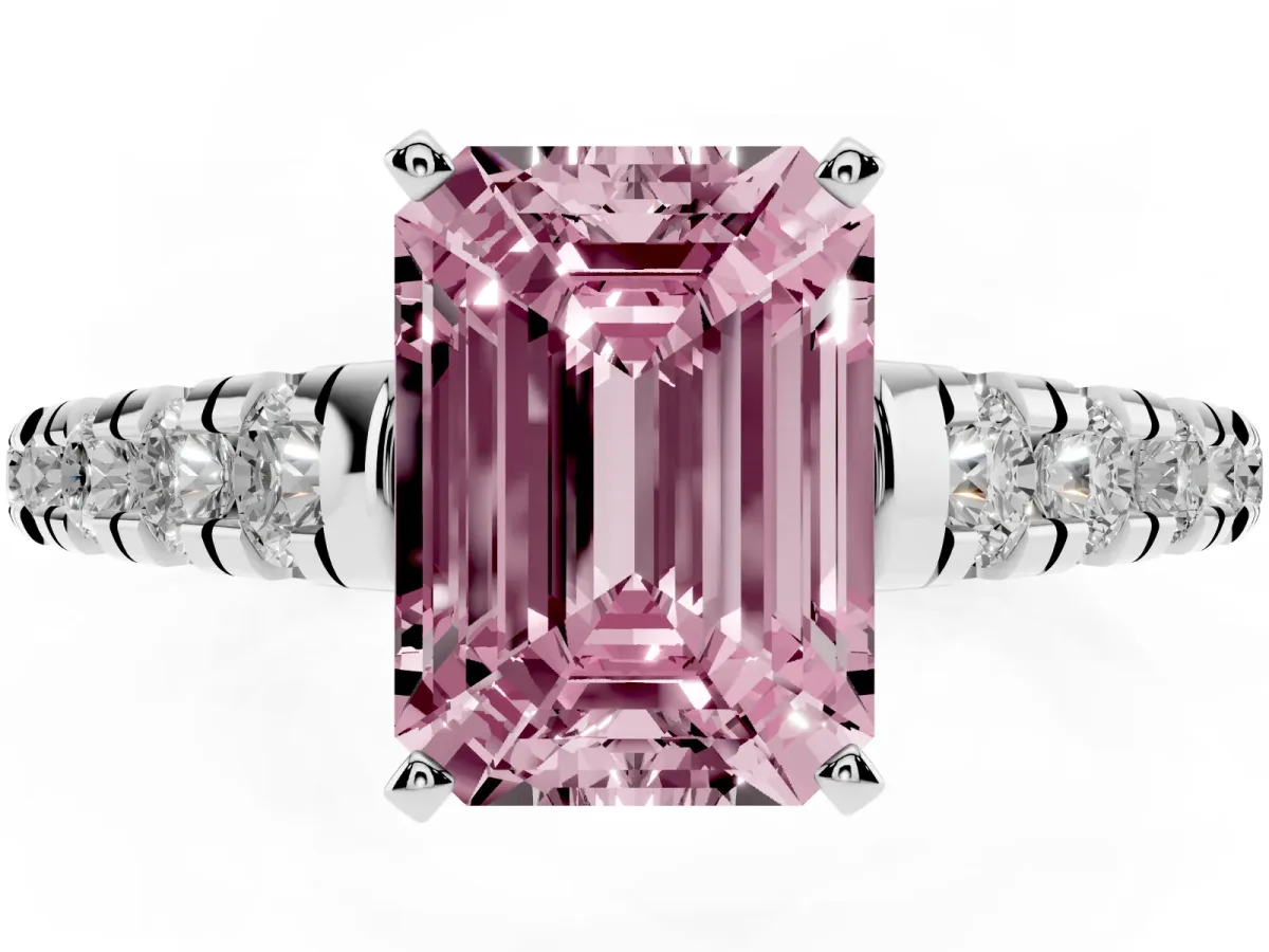Fancy Pink Emerald Cut Diamond Cathedral Solitaire Ring with Round Pavé Band Silver