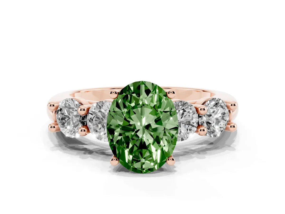 Fancy Green Oval Cut Cut Five-Stone Prong Set Diamond Ring with Classic Band Rose gold