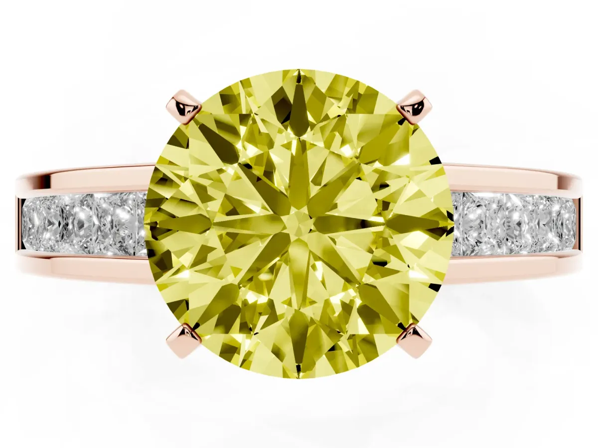 Fancy Yellow Round Cut Solitaire Diamond Ring with Channel-Set Band and Four-Prong Setting Rose gold