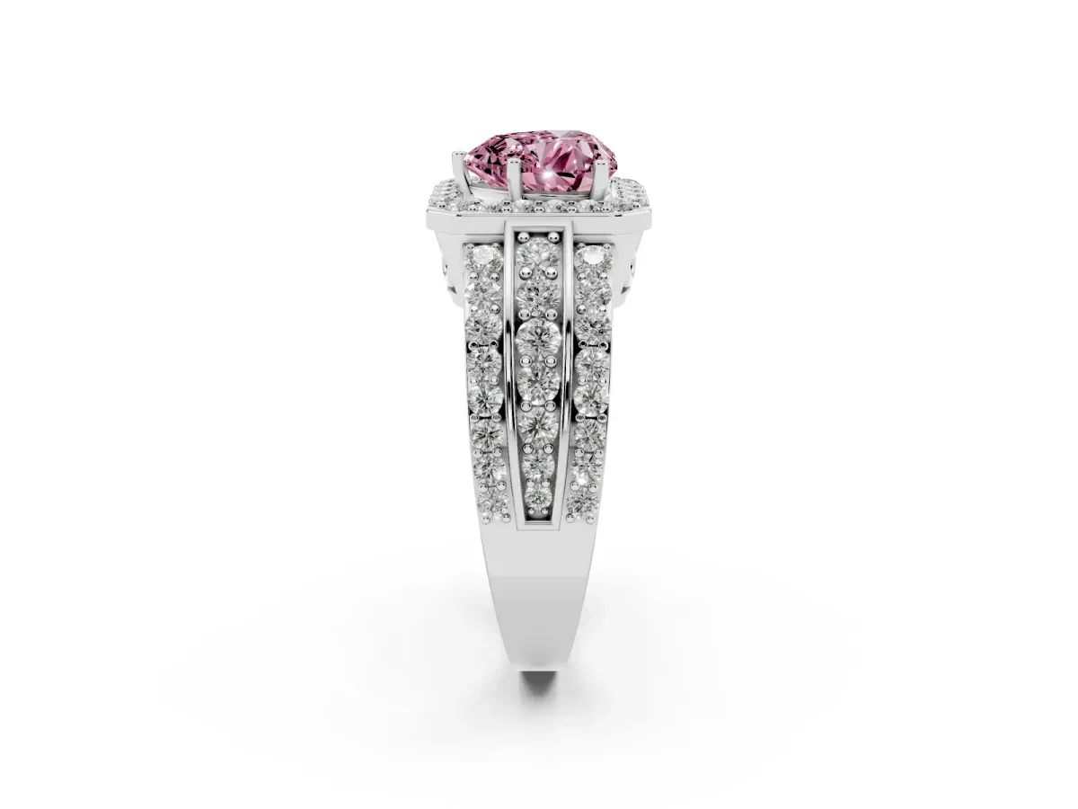 Fancy Pink Heart Cut Halo Diamond Ring with Round Split Shank and Prong Setting Platinum