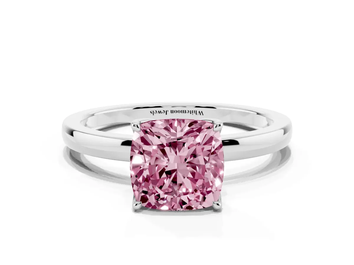 Fancy Pink Cushion Cut Diamond Solitaire Ring with Thin Band and Prong Setting Platinum