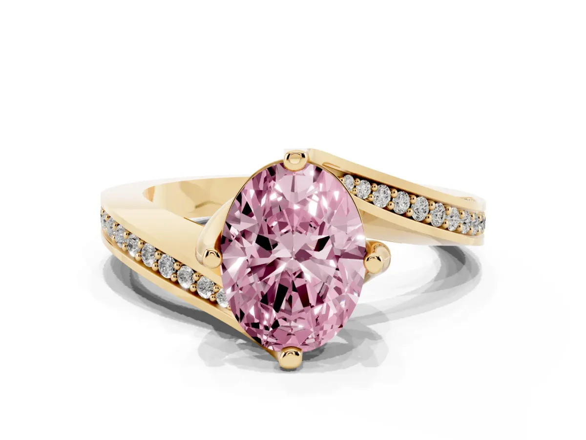 Fancy Pink Oval Cut Solitaire Diamond Twist Band with Pavé Setting and Four-Prong Setting Yellow gold