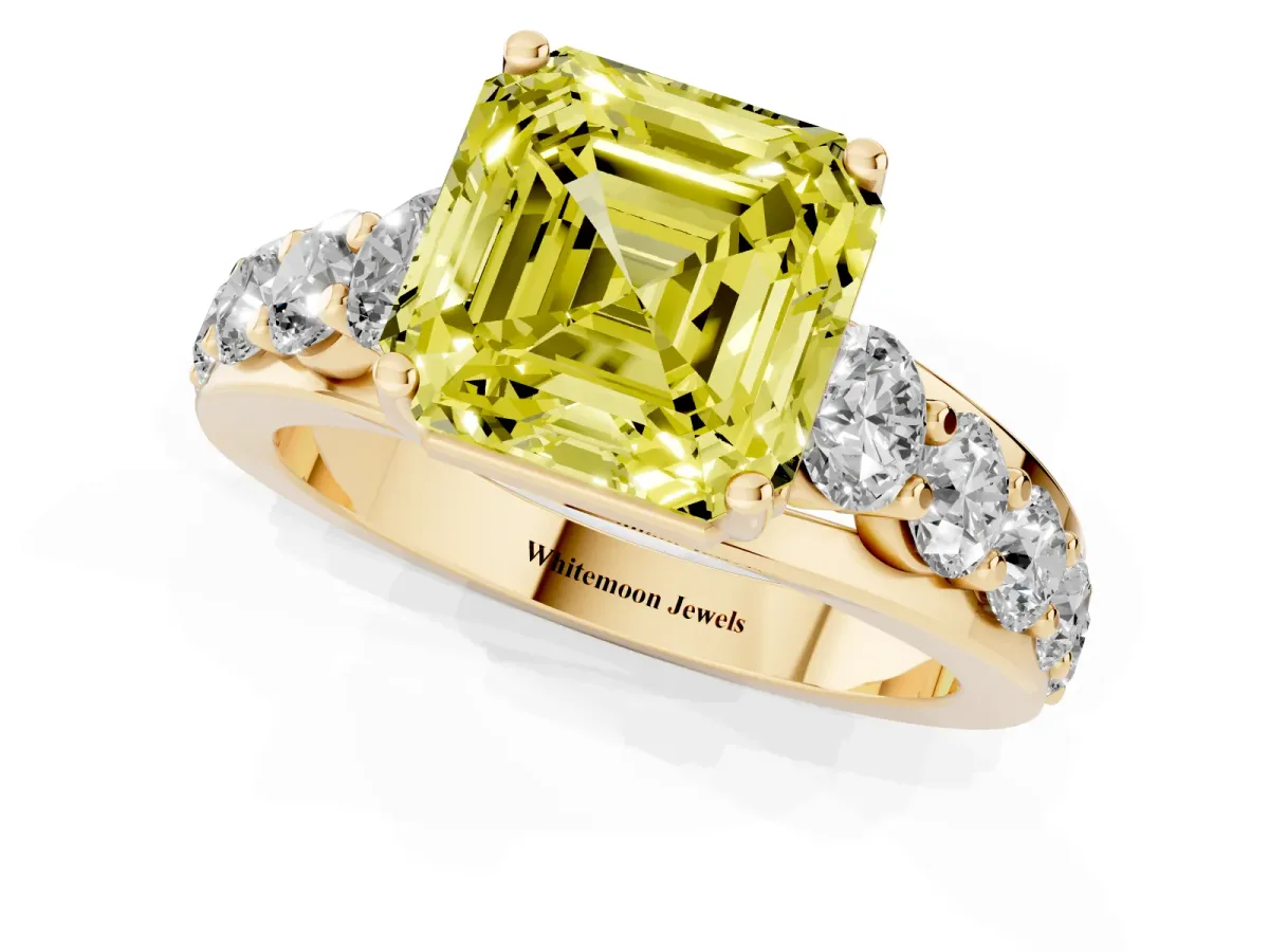 Fancy Yellow Asscher Cut Diamond Engagement Ring with Pavé Band and Four-Prong Setting Yellow gold