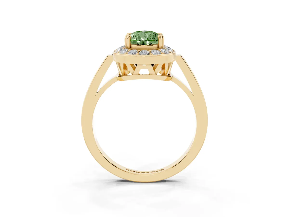 Fancy Green Pear Cut Diamond Halo Ring with Split Shank and Four-Prong Setting Yellow gold