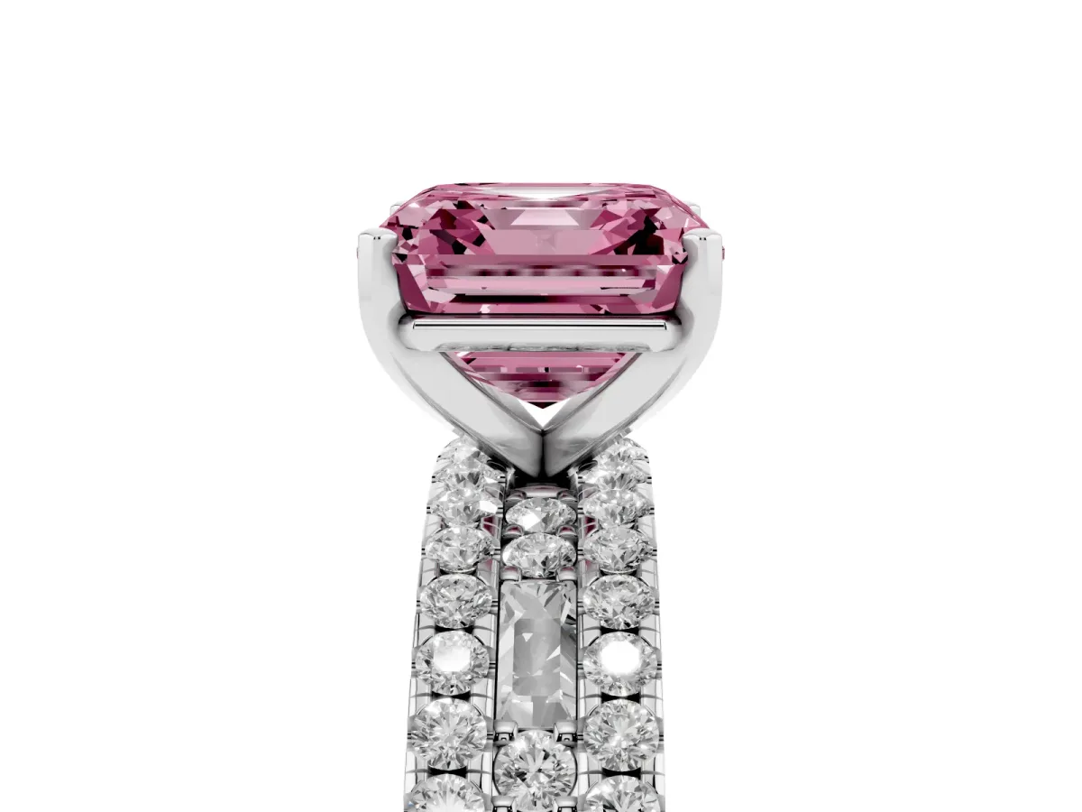 Fancy Pink Asscher Cut Diamond Solitaire Ring with Pavé and Channel Set Band Silver