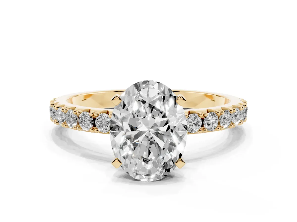 Oval Cut Diamond Solitaire Pavé Band with Four-Prong Setting Yellow gold