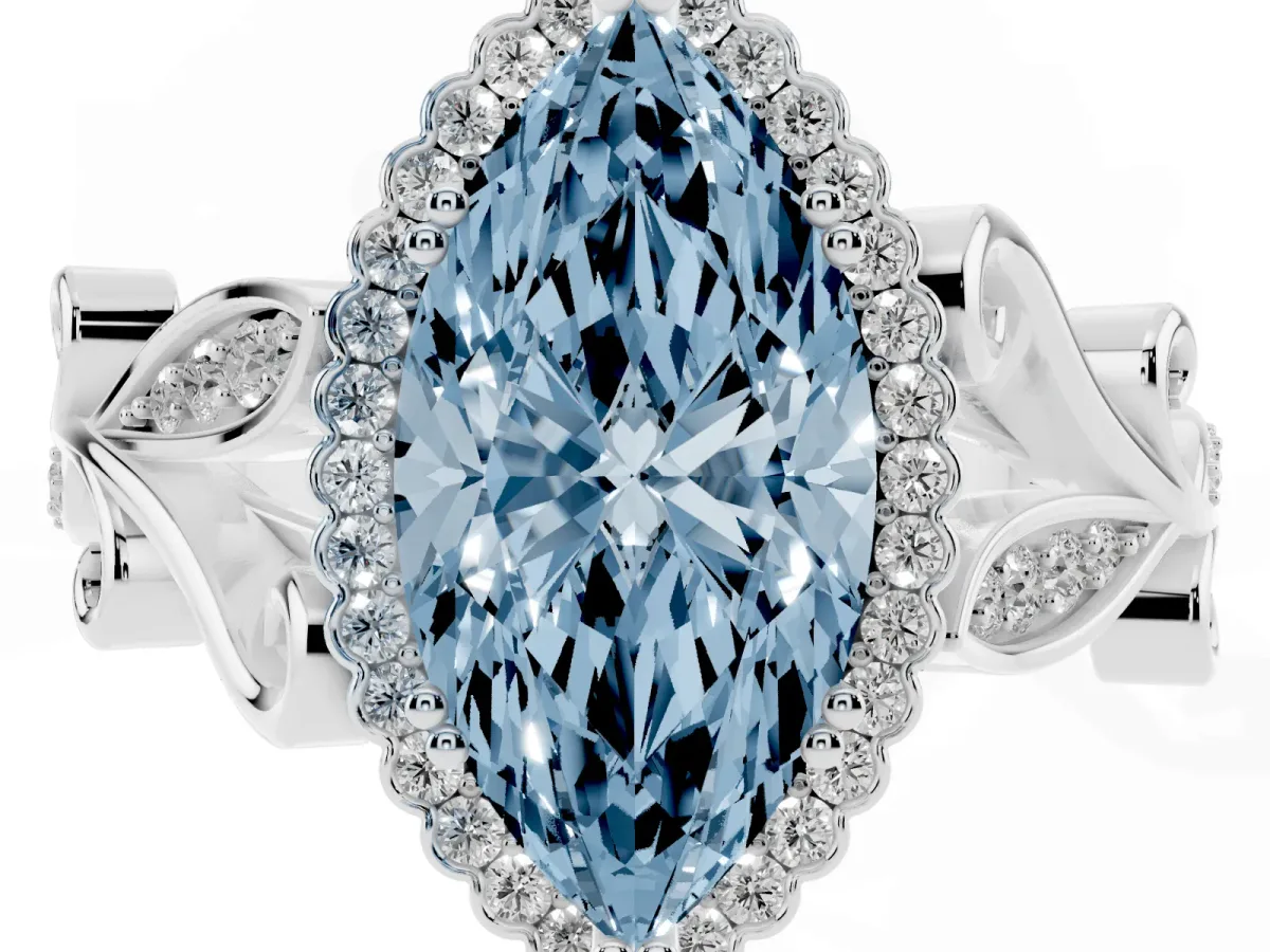 Fancy Blue Marquise Cut Diamond Halo Ring with Vintage Split Shank and Four-Prong Setting Silver