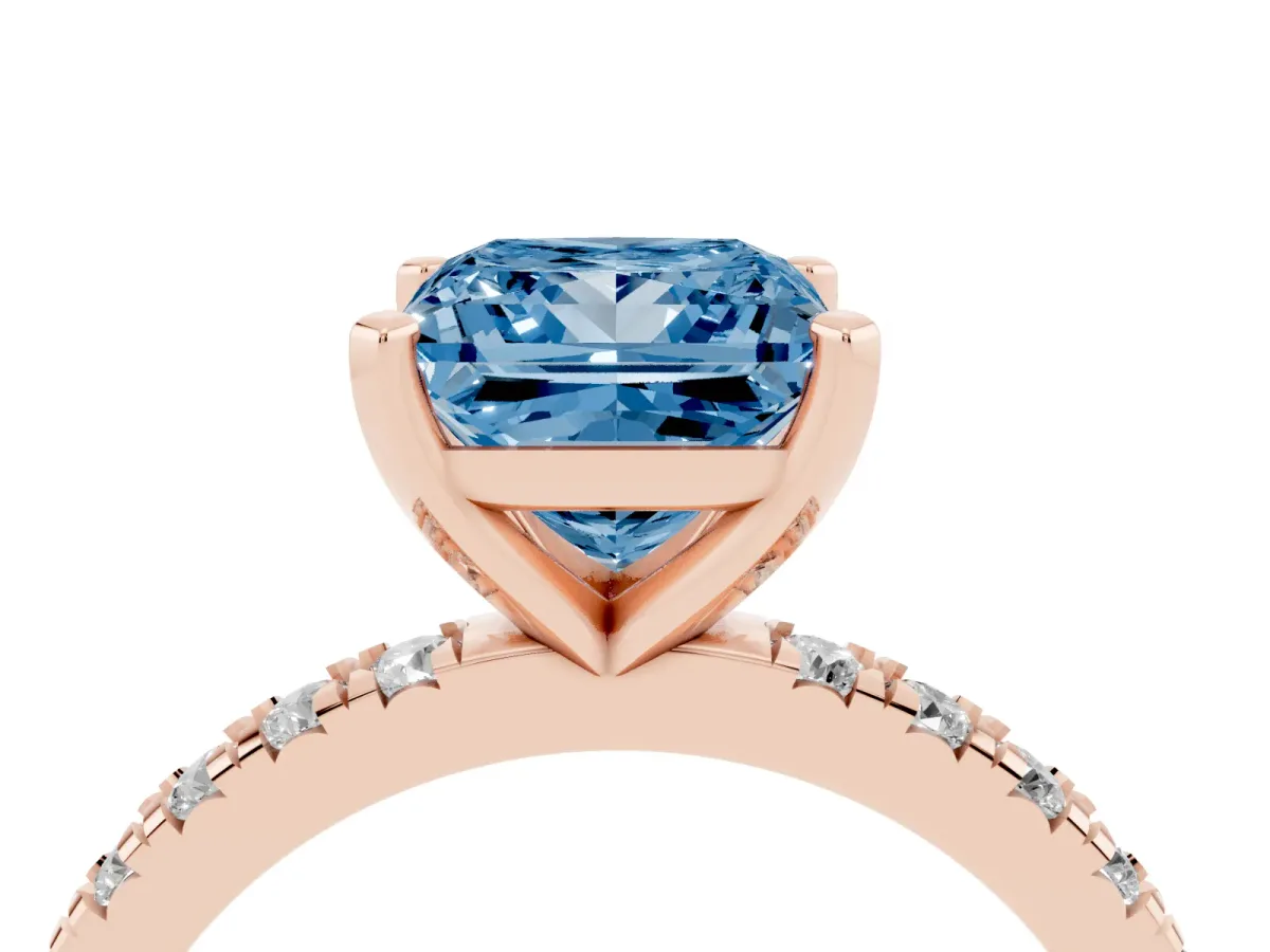 Fancy Blue Princess Cut Diamond Pavé Band Solitaire with Four-Prong Setting Rose gold