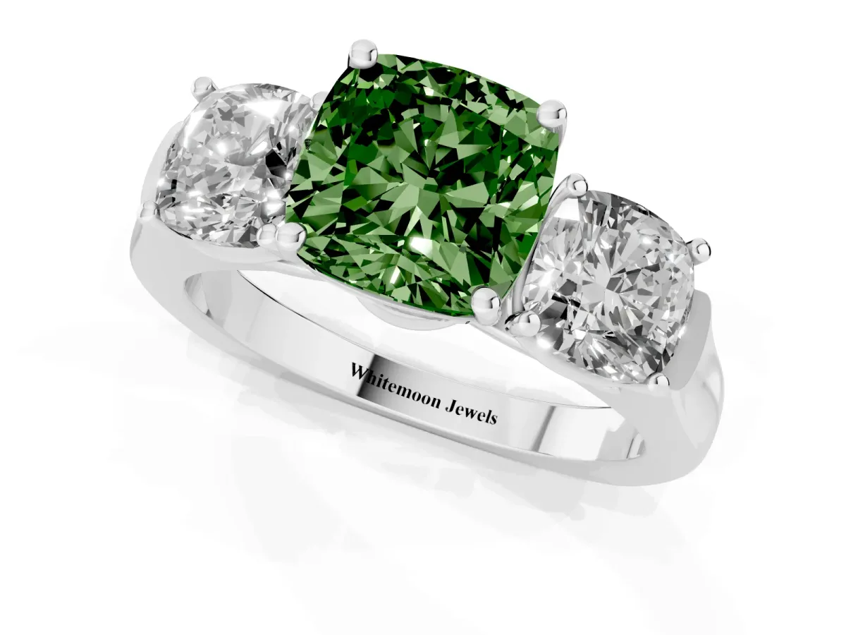 Fancy Green Three-Stone Cushion Cut Brilliant Diamond Trellis Ring with Comfort Fit Band White gold