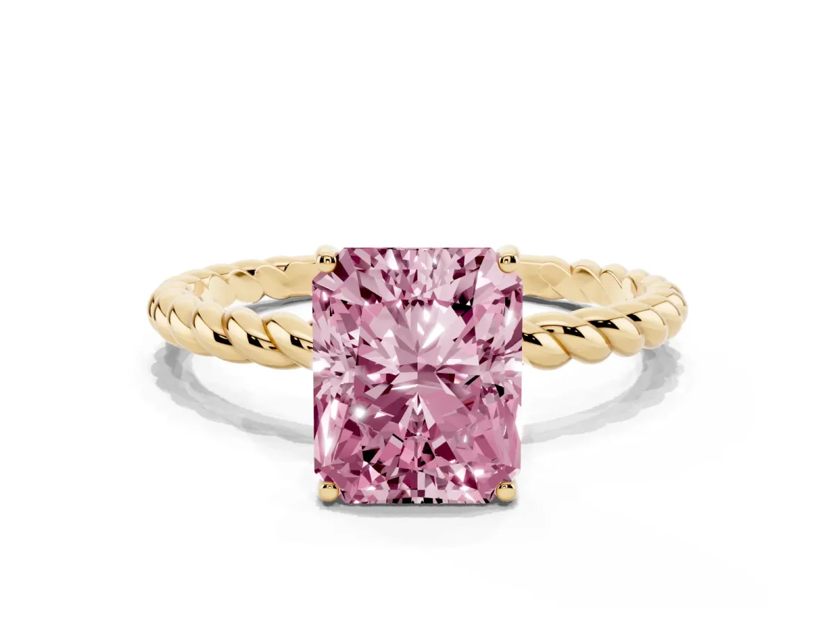 Fancy Pink Radiant Cut Solitaire Twist Band Ring with Four-Prong Setting Yellow gold