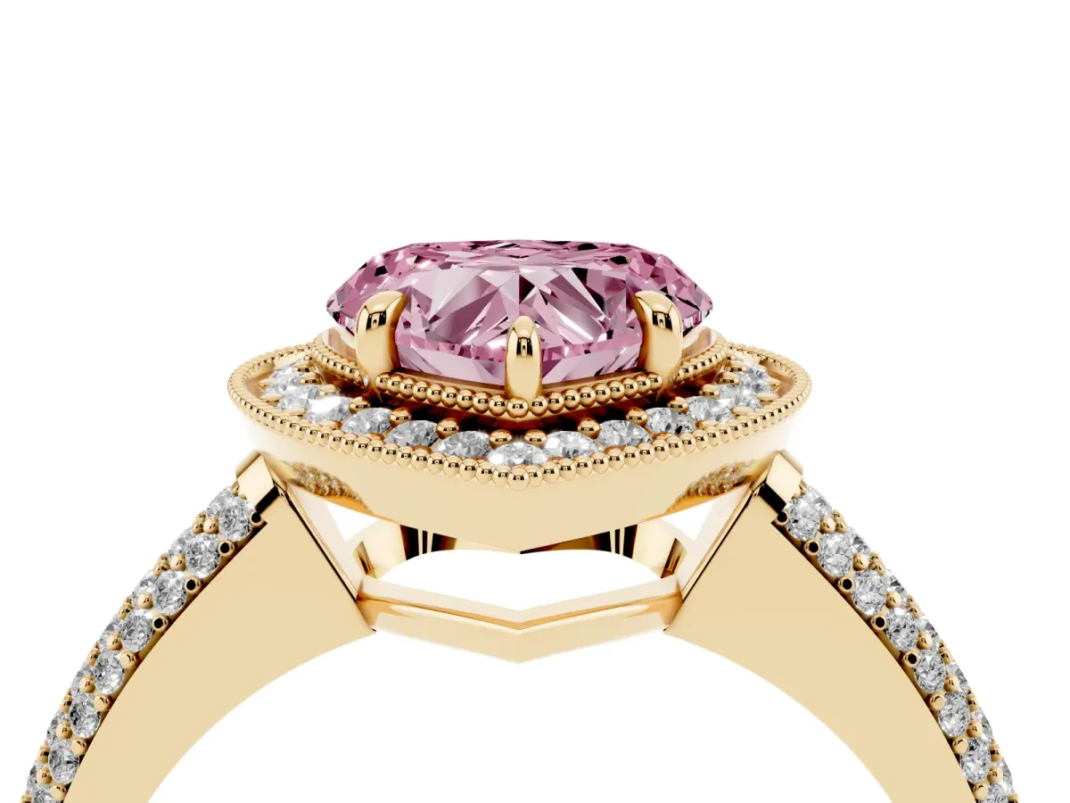 Fancy Pink Heart Cut Cut Halo Diamond Pave Band with Four-Prong Setting Yellow gold