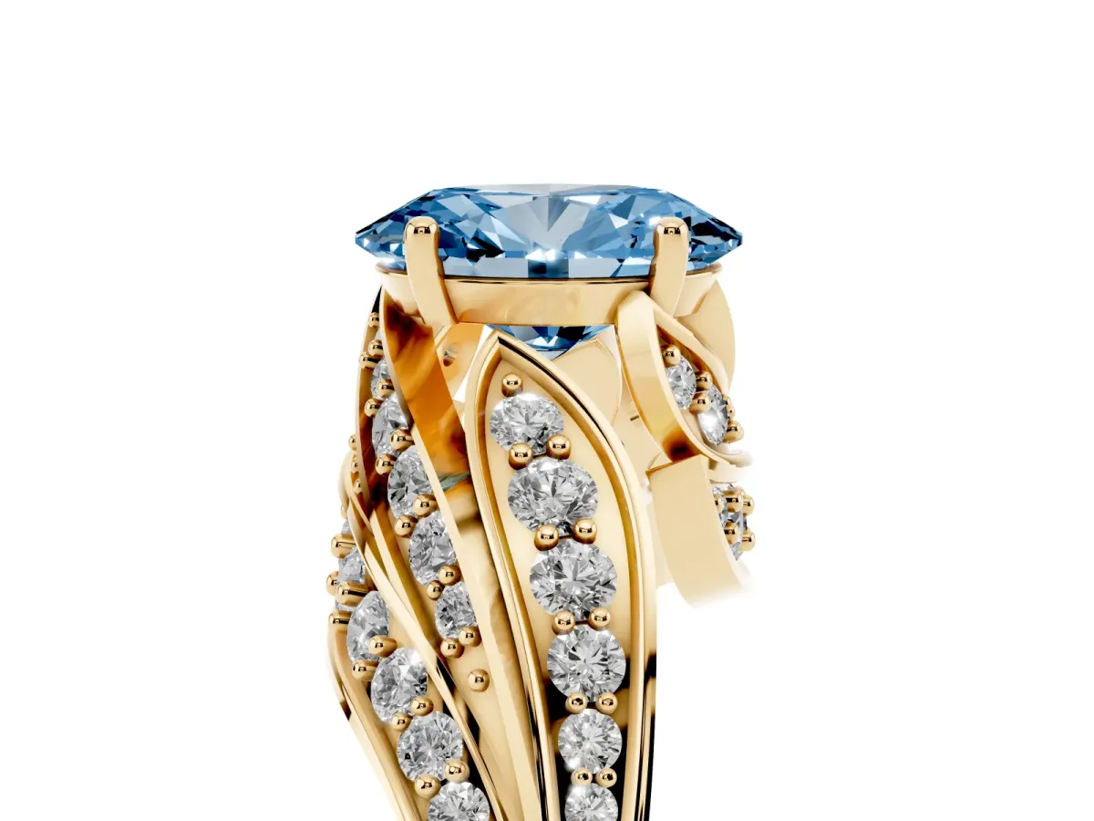 Fancy Blue Oval Cut Diamond Solitaire Ring with Prong Setting and Twisted Pavé Band Yellow gold